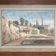 Le jardin de l’abbaye.Aquarelle XIXe monogrammée