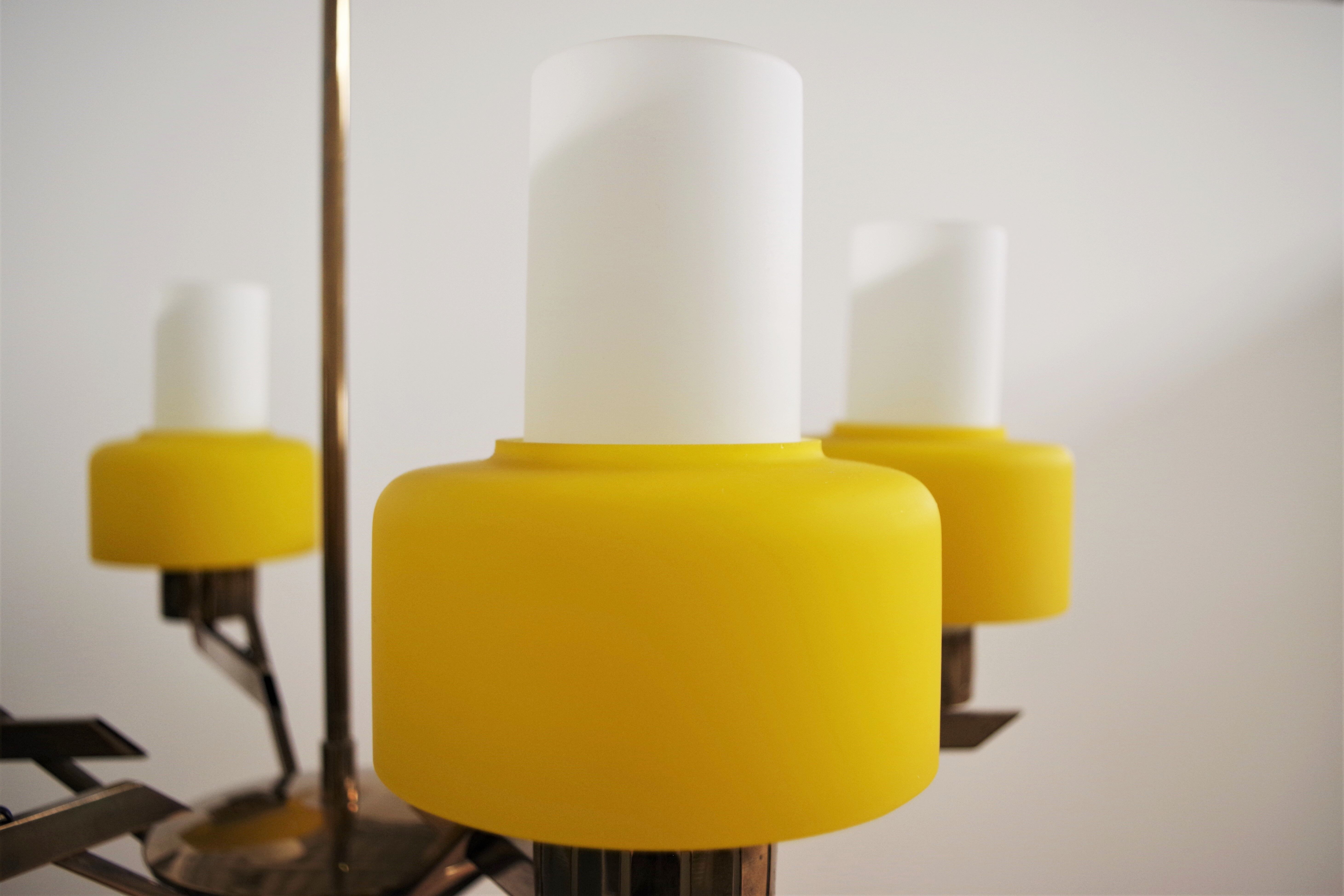 Vintage chandelier in brass and glass