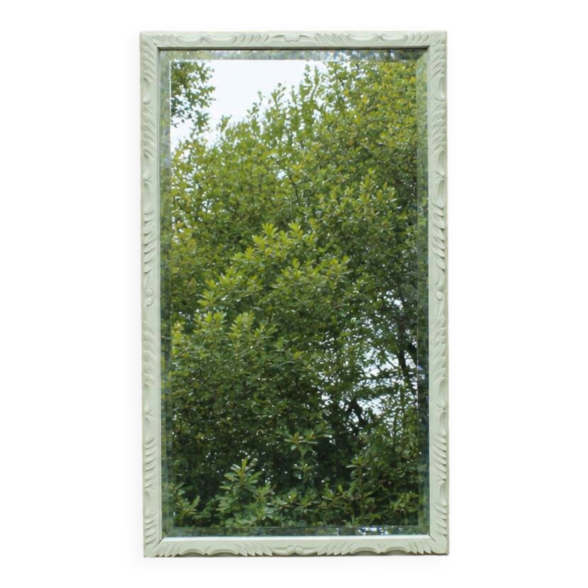 Large antique bevelled mirror in carved solid wood, green lizard – 129 × 75