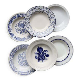 6 mismatched vintage deep plates blue and white porcelain - Lot