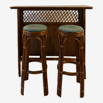 Bar rotin vintage avec tabourets