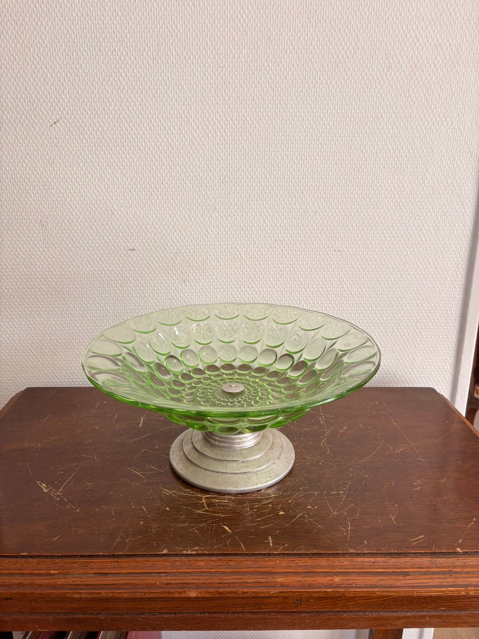 Art Deco Green Moulded Glass Coupe Centre Table with Metal Space Age Base