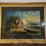 Painting fixed under glass depicting a lake view with the Alps in the background (A)