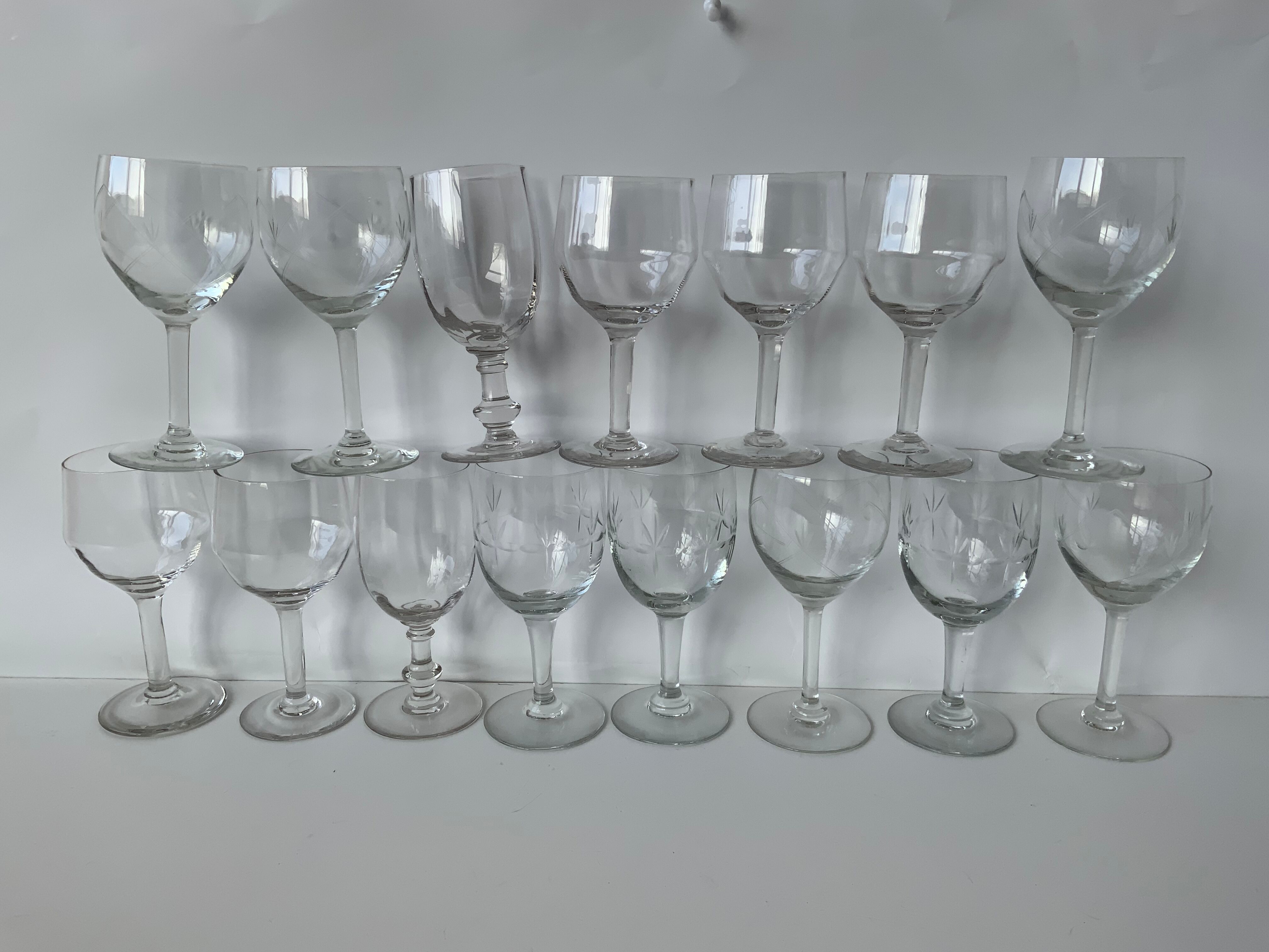 15 antique glasses mismatched