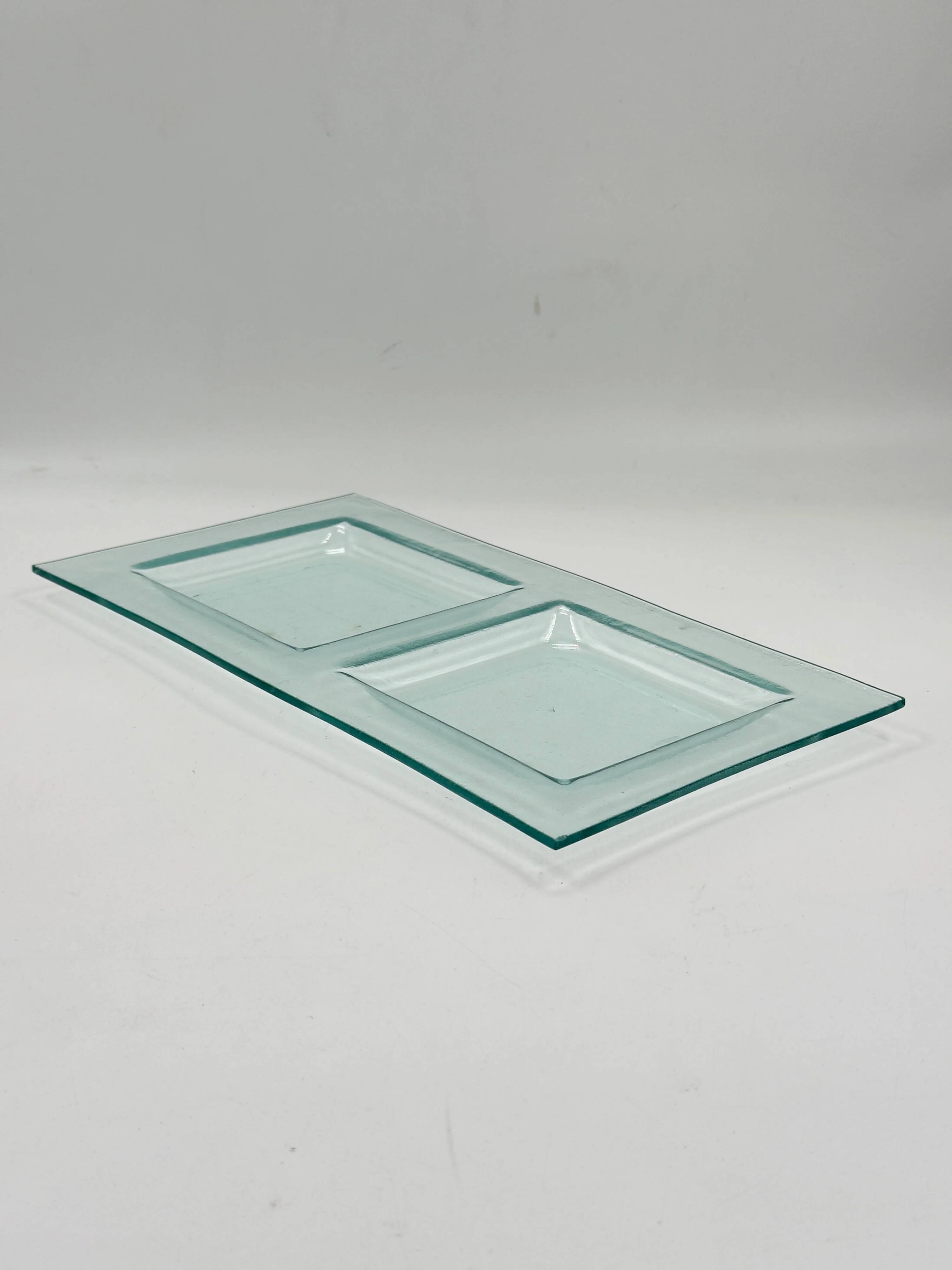Plateau de service vintage en verre à deux compartiments