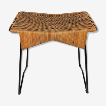 Tabouret vintage rotin et métal 1950