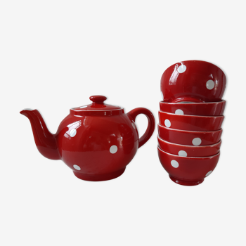 Service à thé théière et 6 petits bols Digoin Sarreguemines rouges à poids années 50