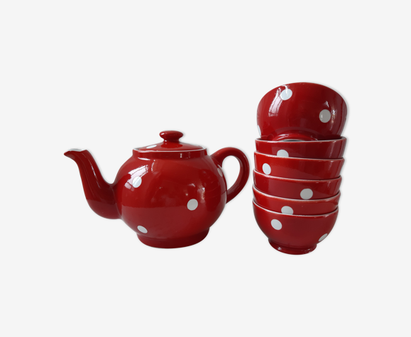 Service à thé théière et 6 petits bols Digoin Sarreguemines rouges à poids années 50