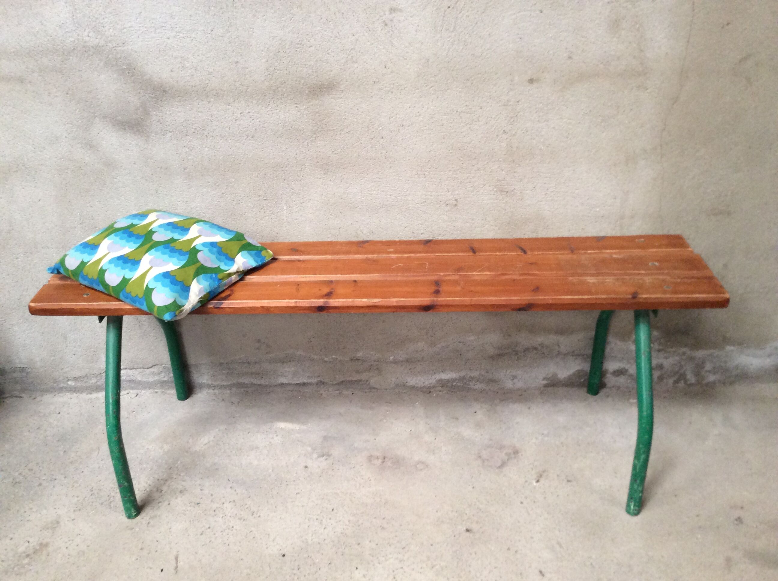 Vintage green industrial school bench