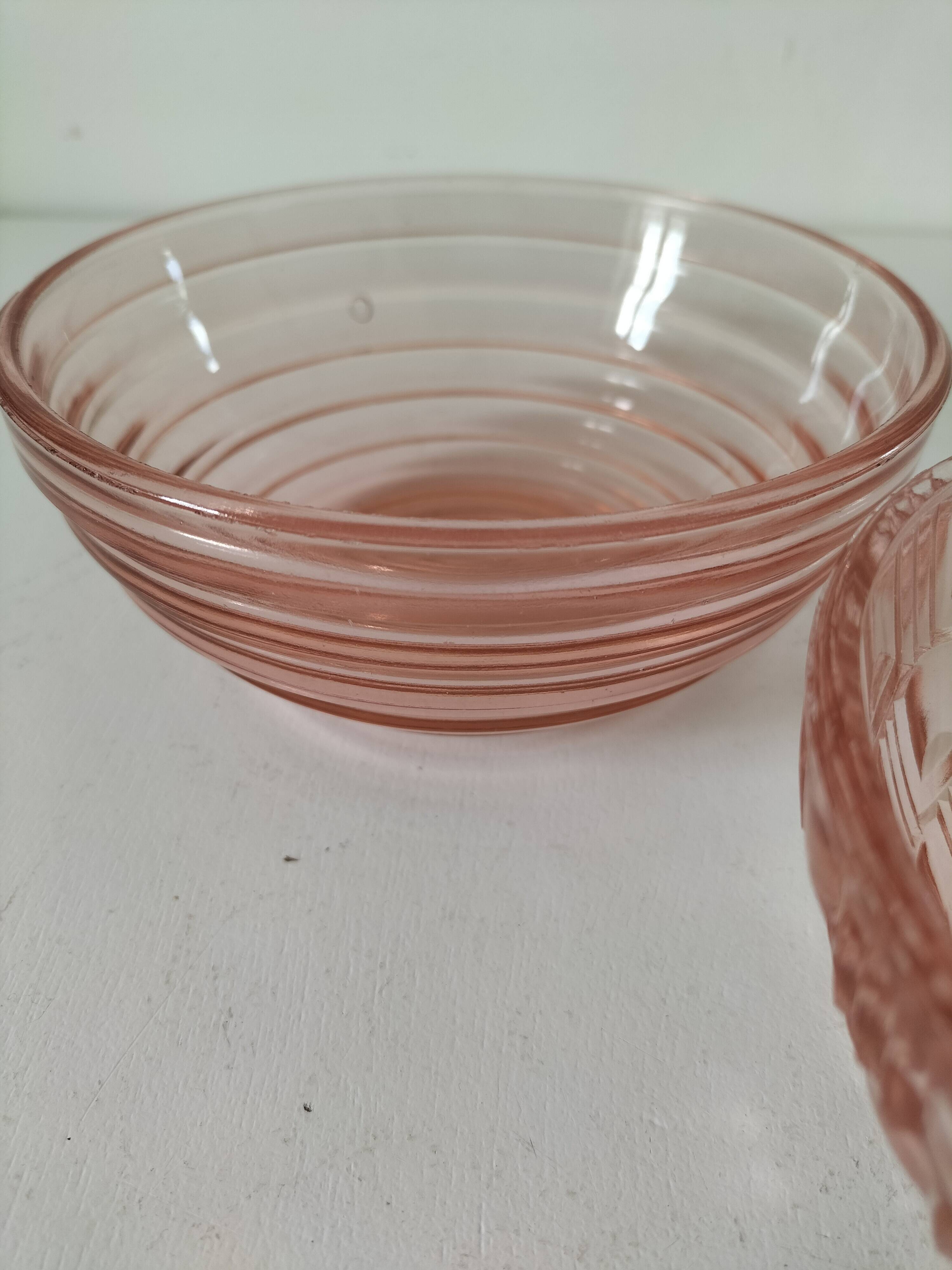 Duo of orange-pink pressed glass bowls
