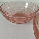 Duo of orange-pink pressed glass bowls