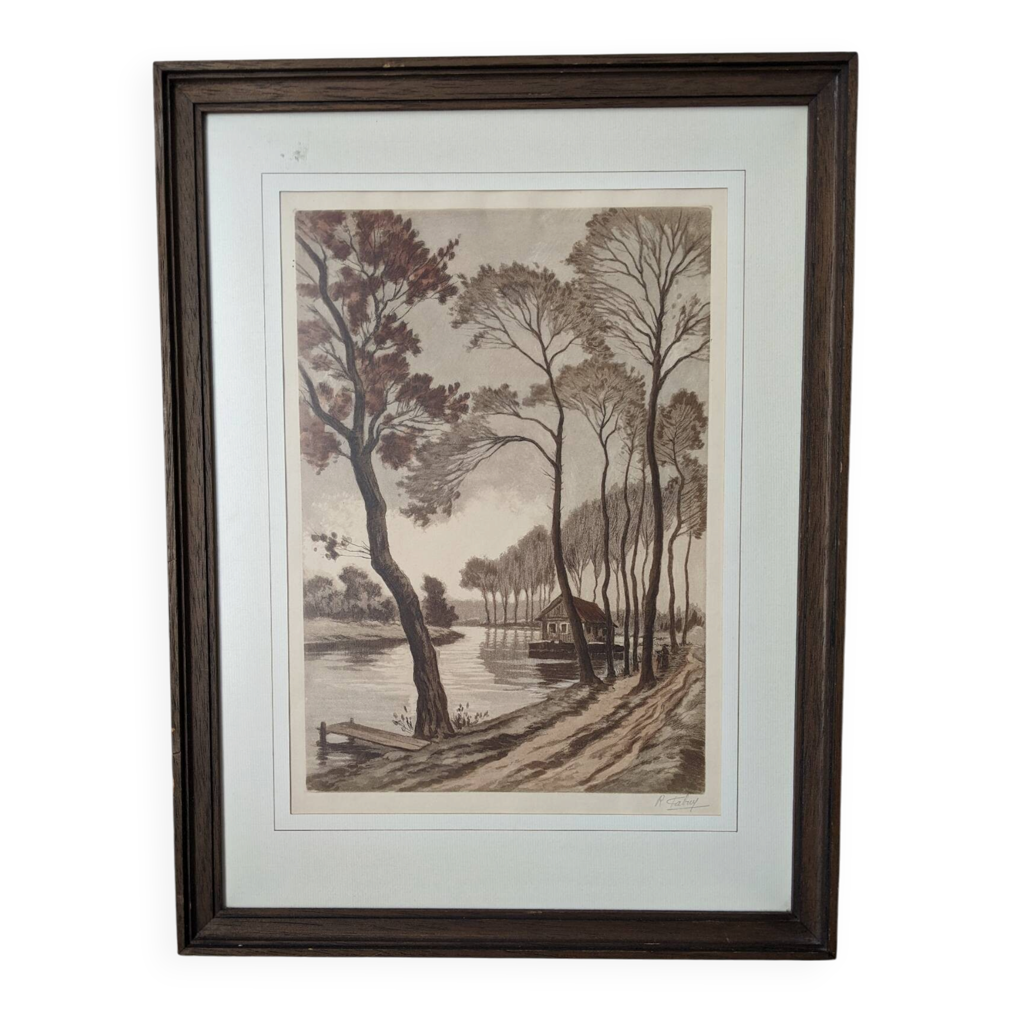 Framed lithograph of a countryside decoration