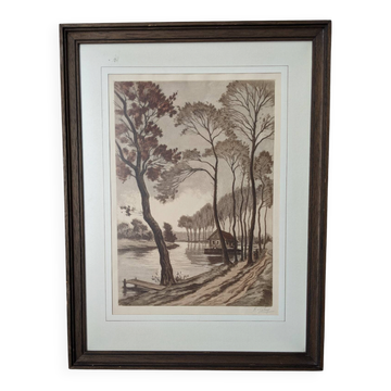 Framed lithograph of a countryside decoration