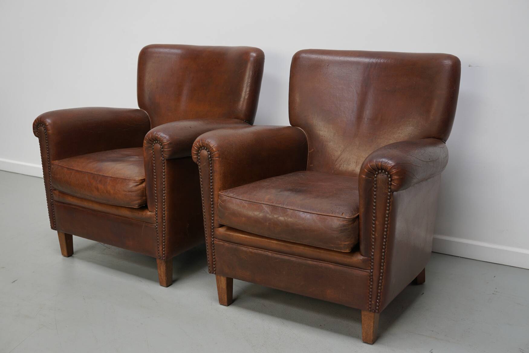 Vintage Dutch Cognac Colored Leather Club Chair, Set of 2