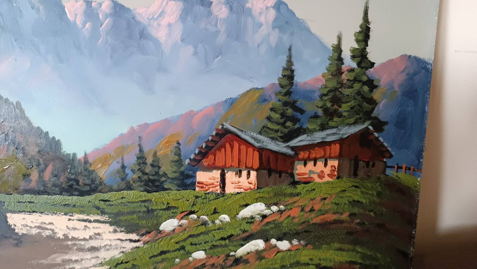 Oil painting on faesite from the 50s signed roos mountain landscape