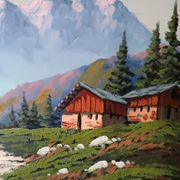 Oil painting on faesite from the 50s signed roos mountain landscape