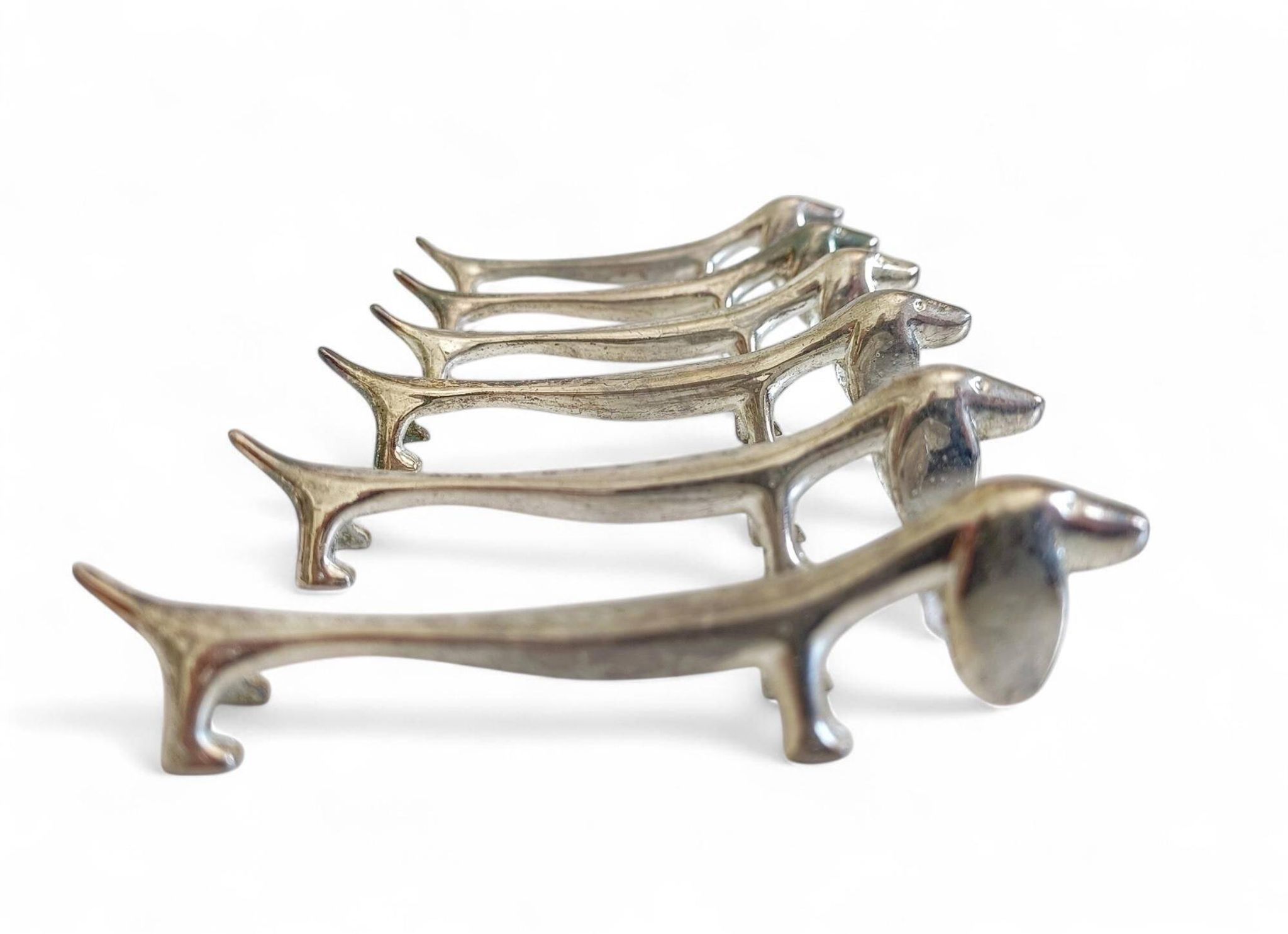 Vintage Knife Rests, Set of Six Silver Plated Dachshund Dogs, Italy, 20th-C