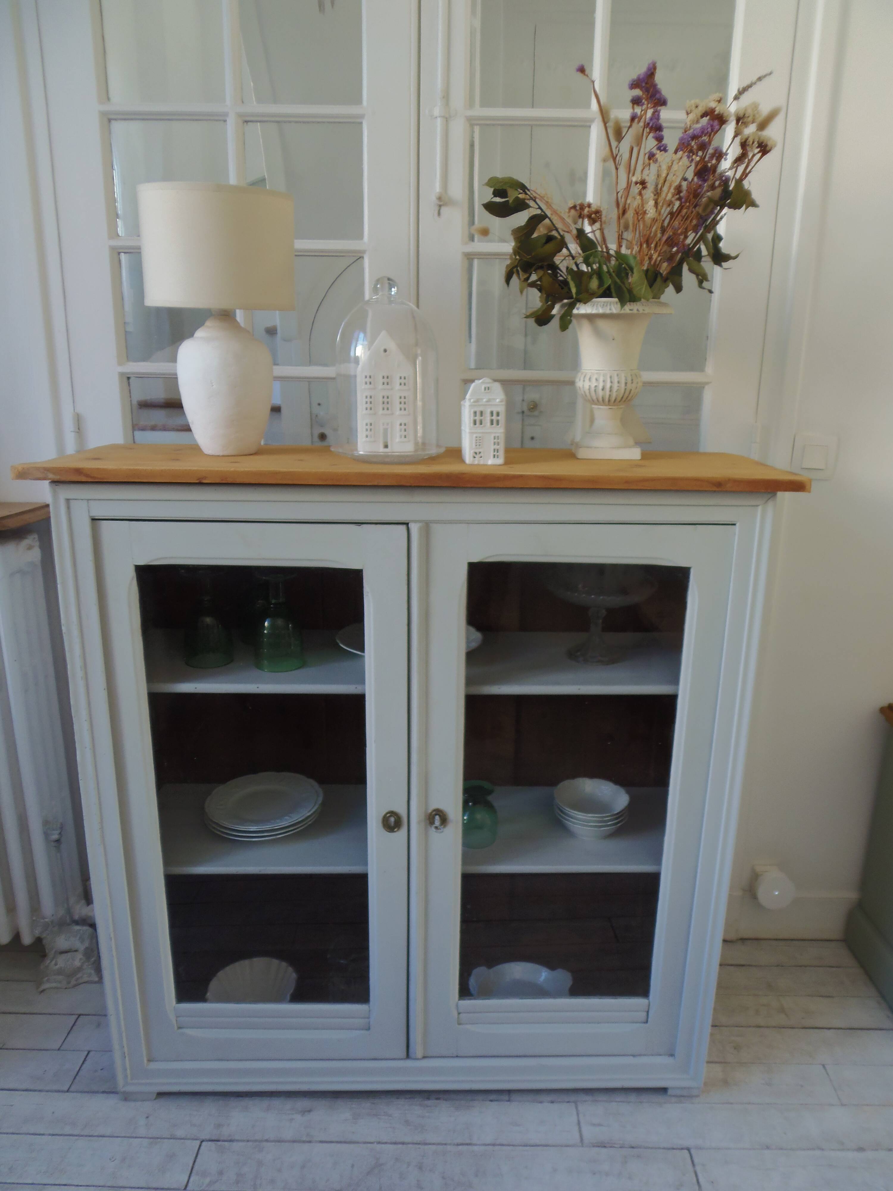 Display case, old shallow sideboard re-enchanted in cloud gray.