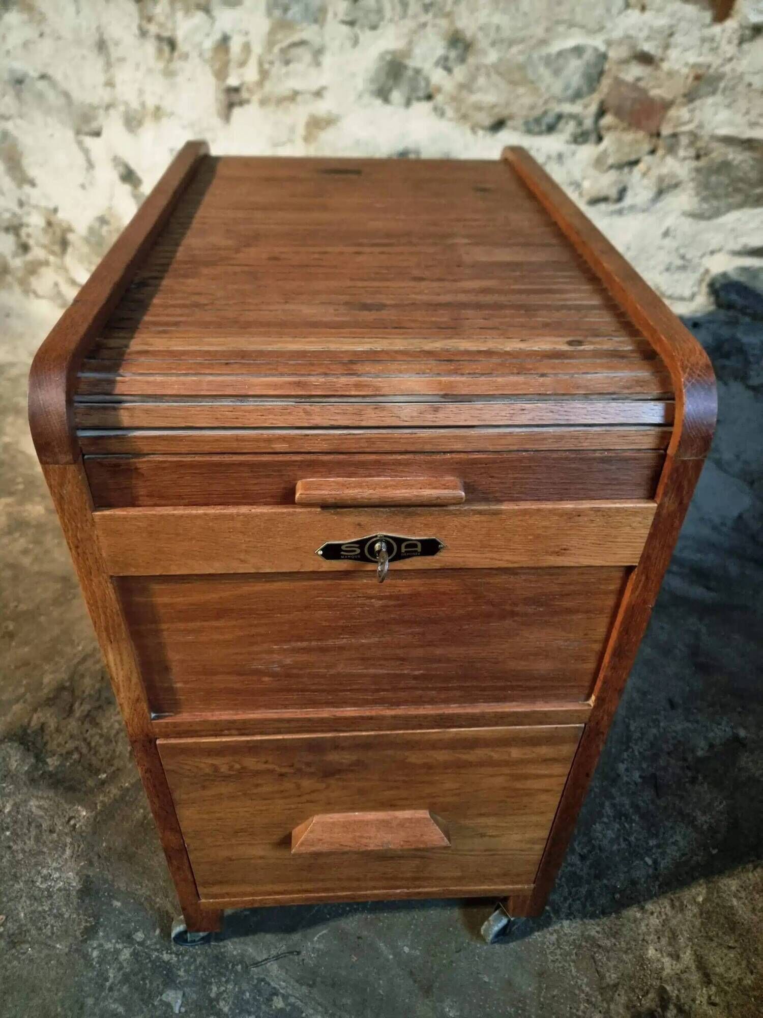 Vintage French oak office rolling cabinet with tambour door, 1950s.