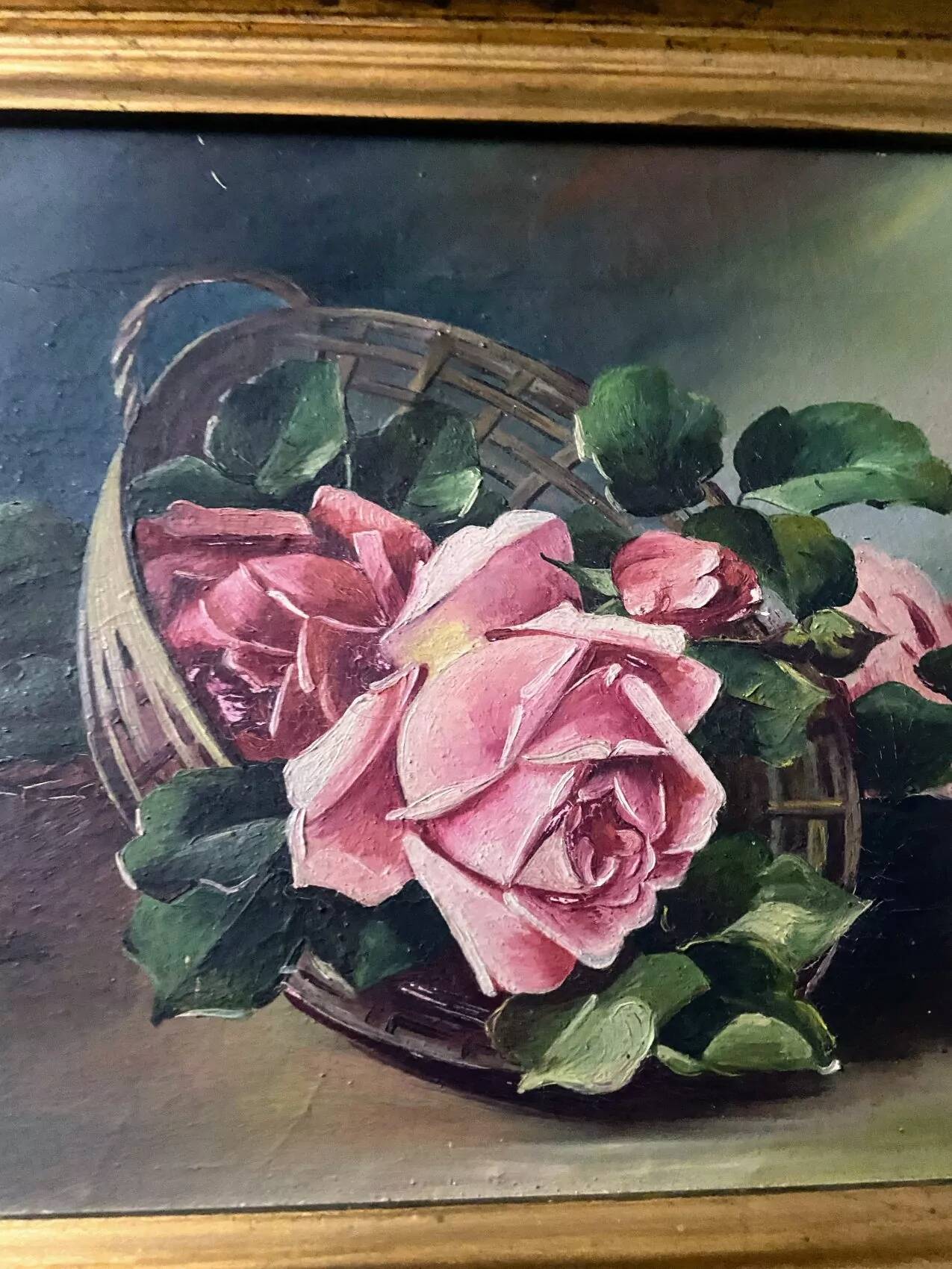 Antique painting - still life with roses - oil painting - 1940s