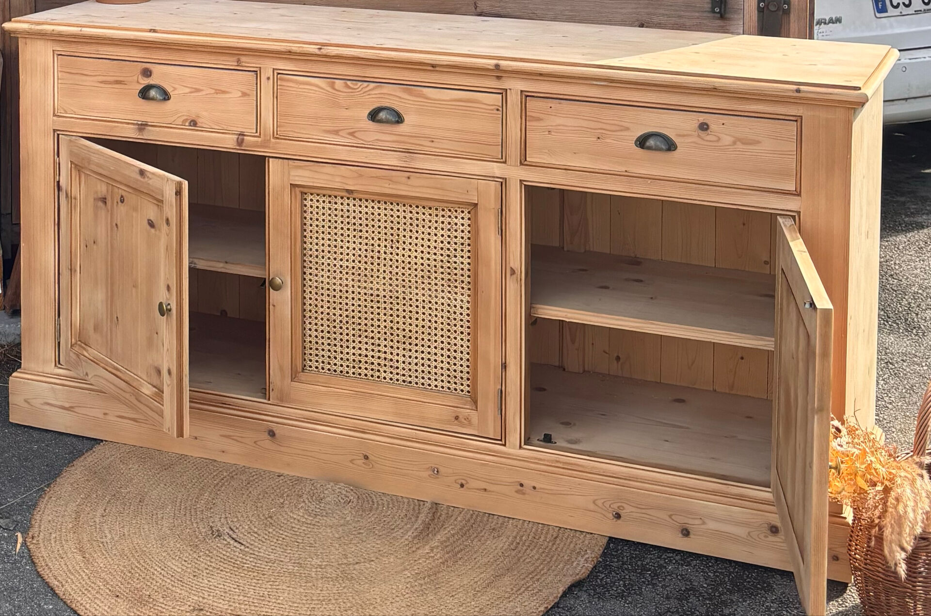 Renovated solid raw wood and cane sideboard - 3-door buffet