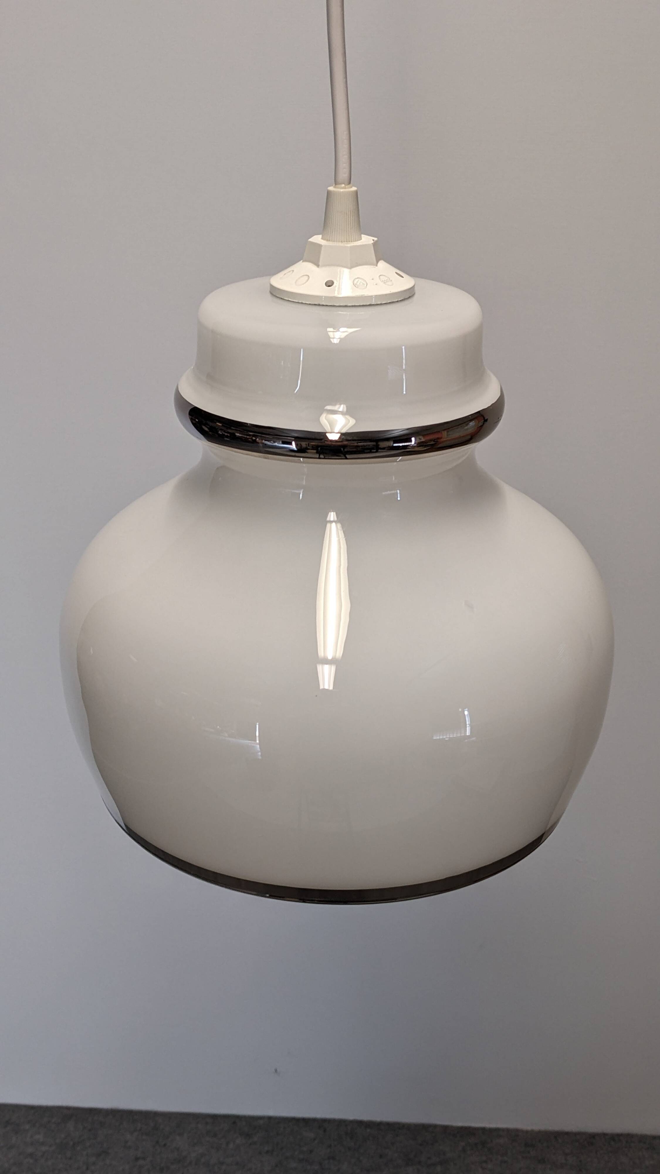 Suspension in white opaline with chrome trim, France circa 1970.