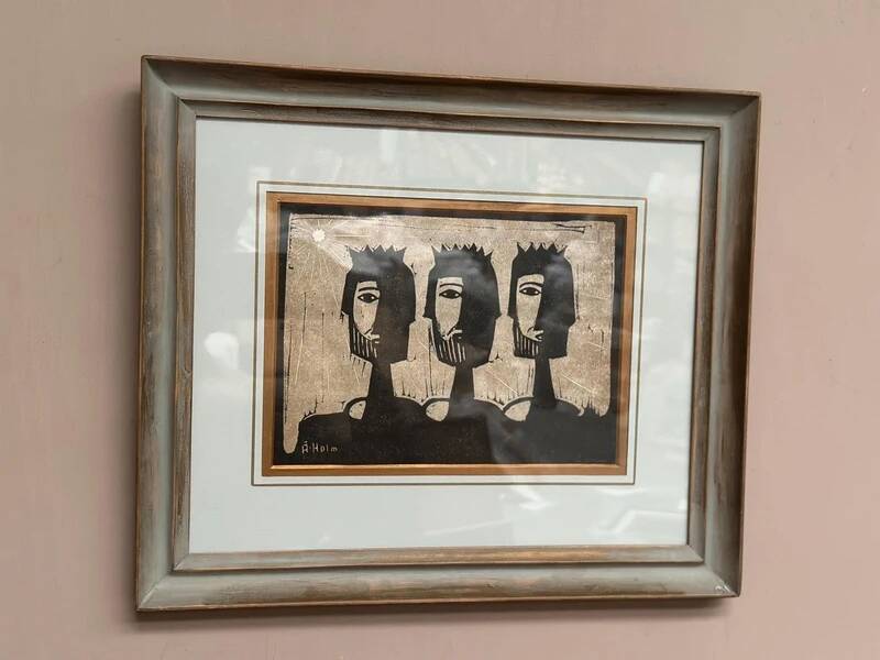 Woodcut glazed painting "Three Figures" by A. Holm, vintage & framed 37×32cm