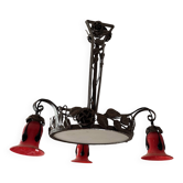 Superbe lustre Art nouveau en fer forgé à décor de roses – Début XXᵉ s