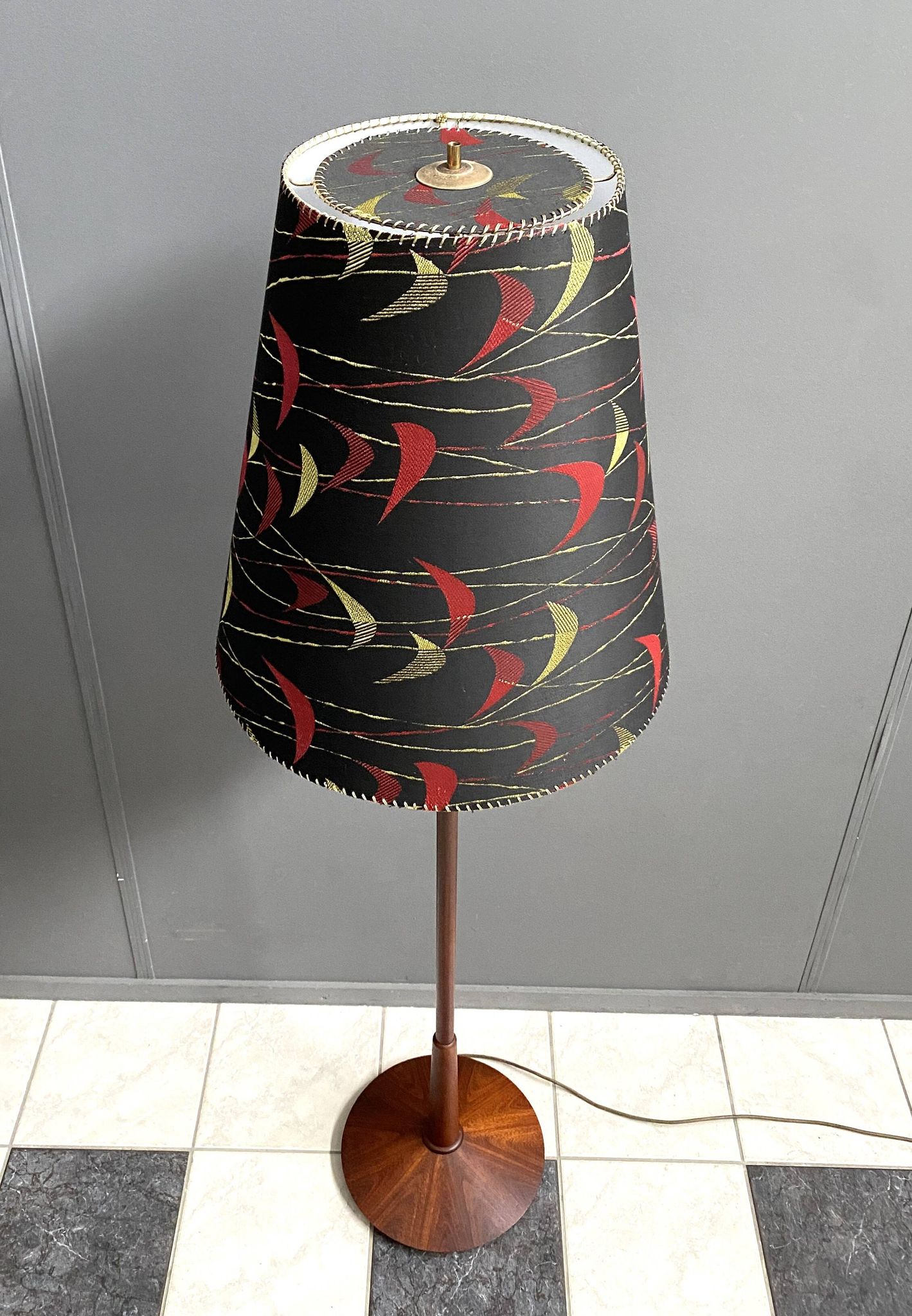 Danish Teak floor lamp with Black and Red , Yellow shade 1960s