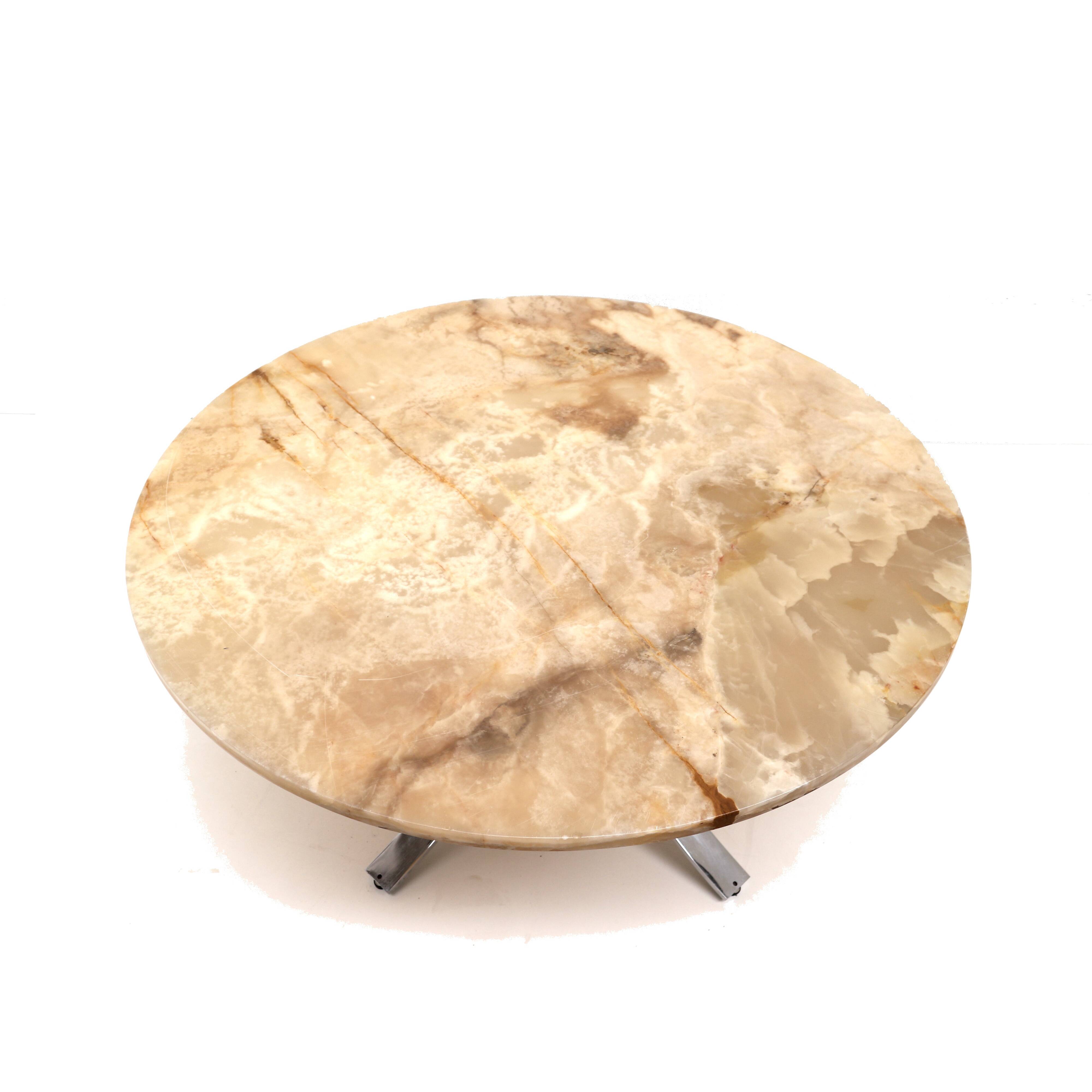 Round vintage onyx coffee table with chrome base from the 70s