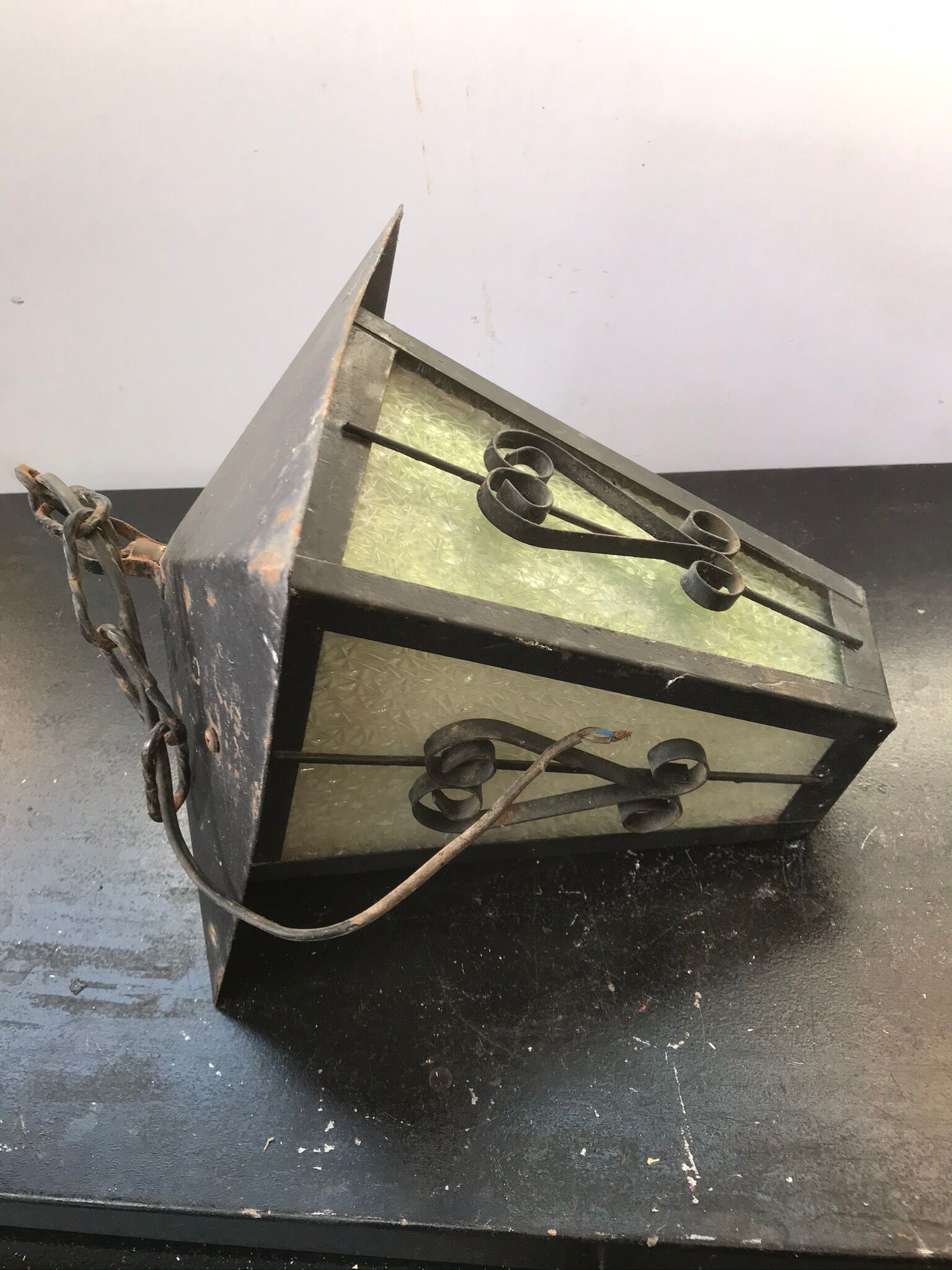 Suspension Old Lantern Metal Black - Vintage 70s Moulded Glass