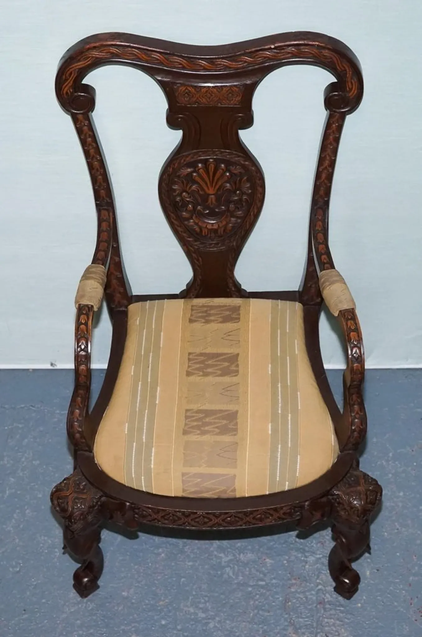 Heavily Carved Anglo-Indian Wooden Armchair