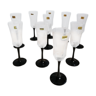 10 octagonal champagne flutes luminarc vintage black foot vintage 70s
