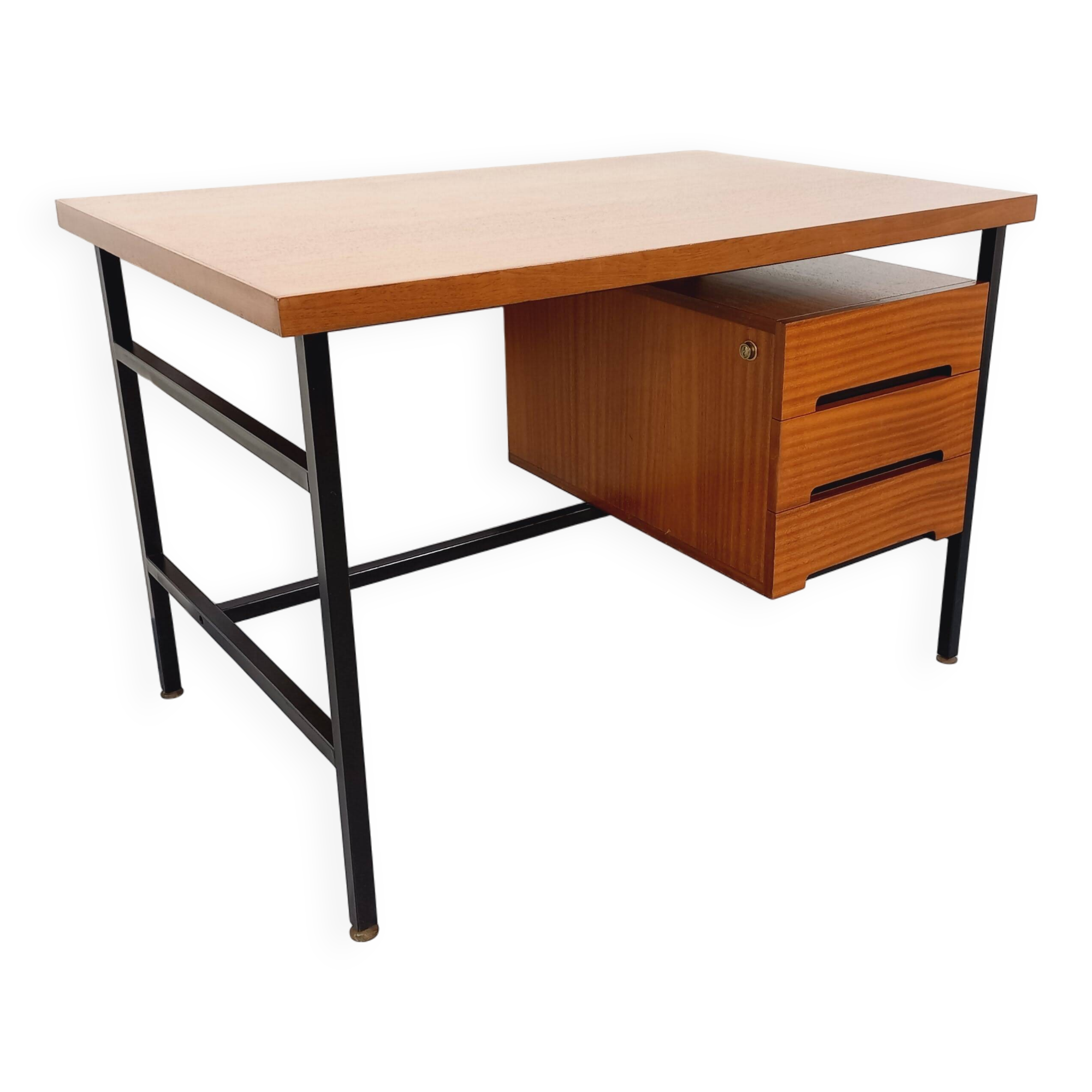 Vintage modernist double-sided desk in mahogany and black metal from the 1960s