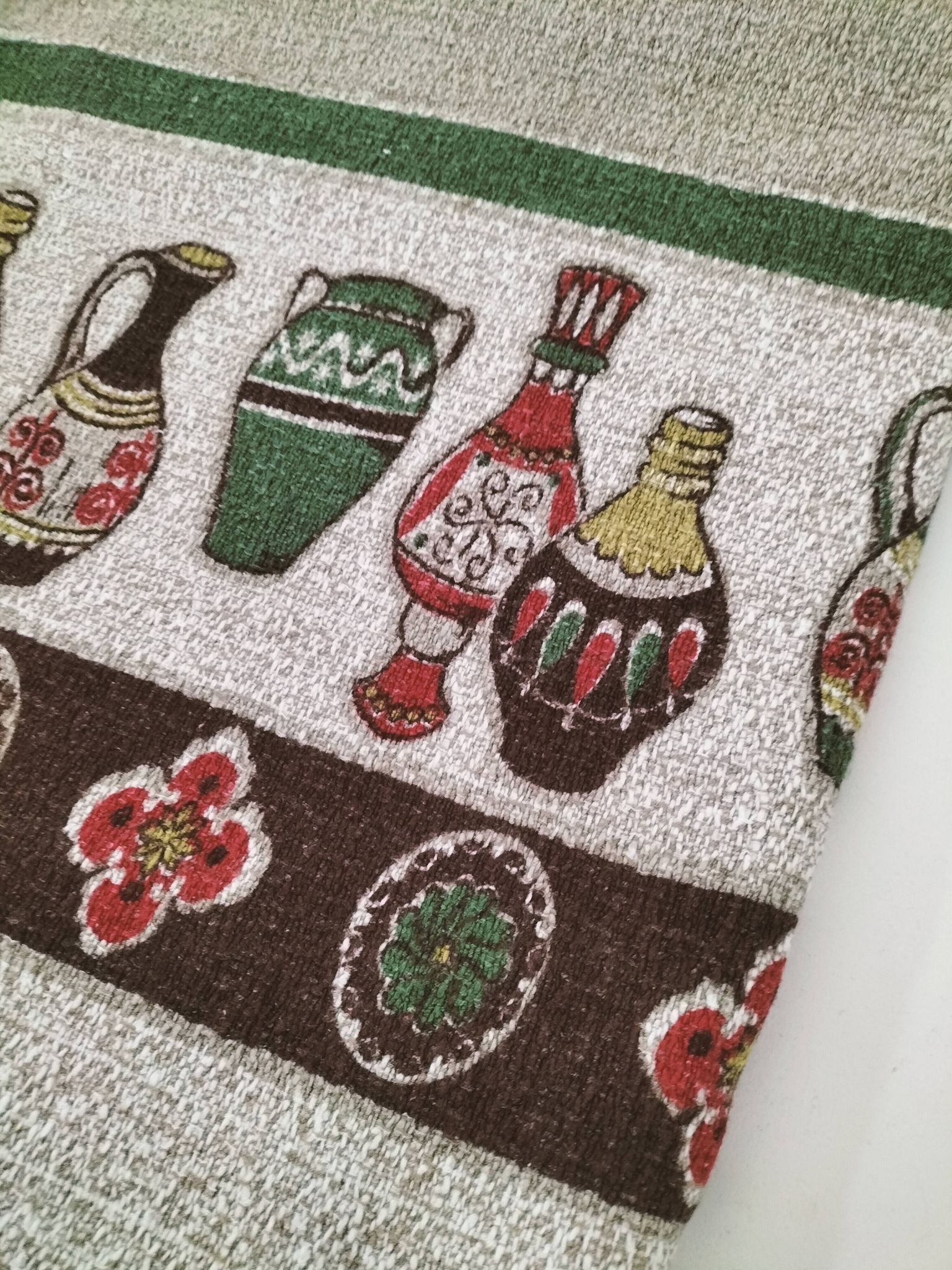 Vintage tablecloth with stylized pottery design, 1960s-70s
