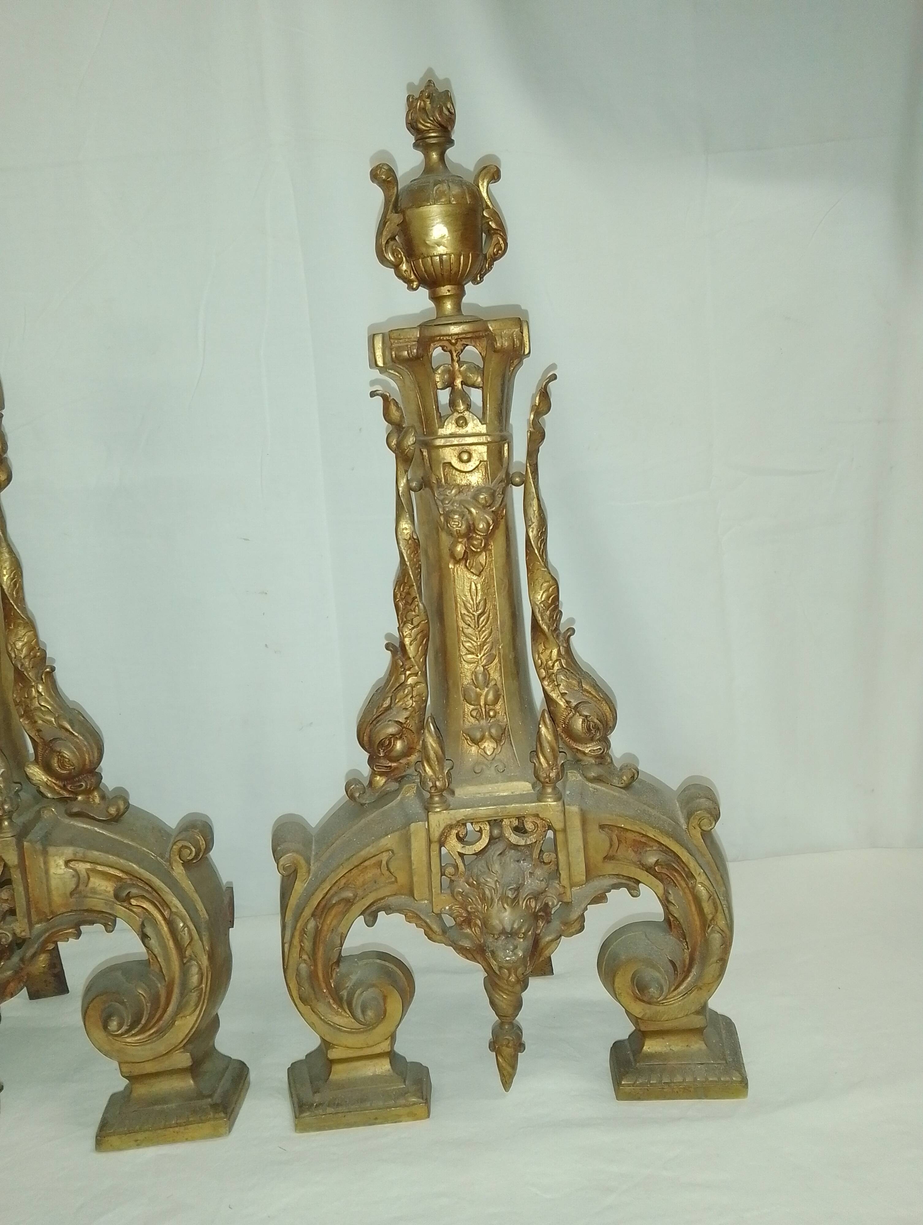 2 Bronze Fireplace Andirons 19th Century