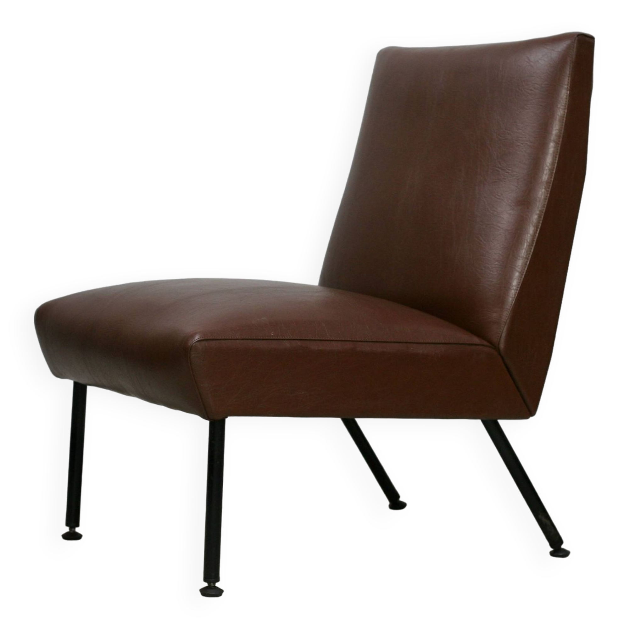 Low chair, circa 1950. Brown imitation leather.