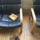 Danish sofa and armchairs curved wood and leather