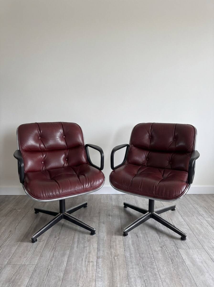 Pair of Executive Armchairs Charles Pollock Knoll Burgundy Leather 1970