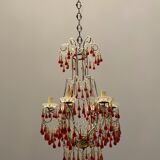 Vintage italian murano glass crystal macaroni beaded chandelier, 1950s