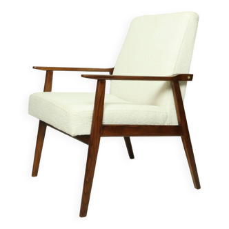 Fauteuil scandinave en bois bouclé blanc 1970 design moderne chaise longue style Boho