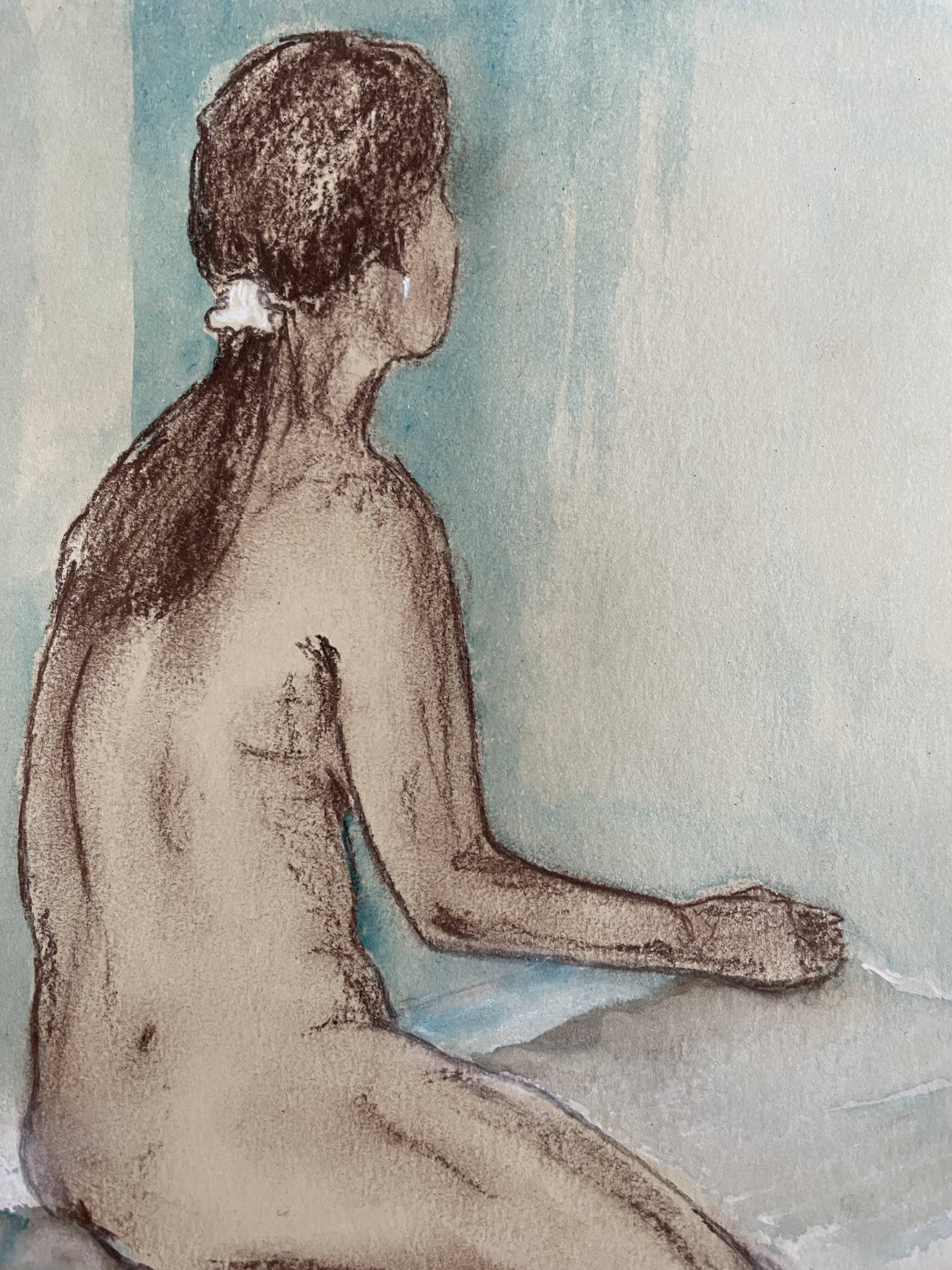 Painting signed sanguine watercolor female portrait “the pose”