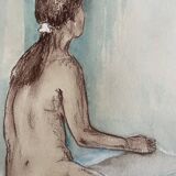 Painting signed sanguine watercolor female portrait “the pose”