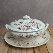 Antique sauce boat in ironstone from Salins – Sepia dragonfly decoration – With lid