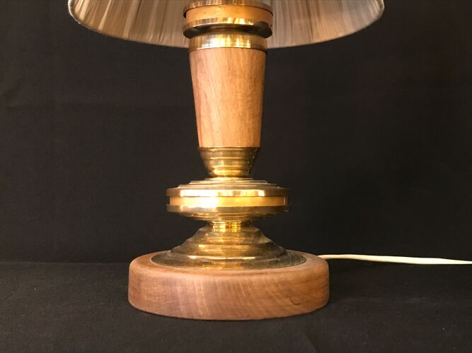 Lampe à poser vintage pied en bois et laiton abat jour plissé 1960