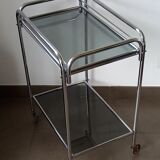 Vintage service with wheels in chrome tubes and 2 trays in gray smoked glass