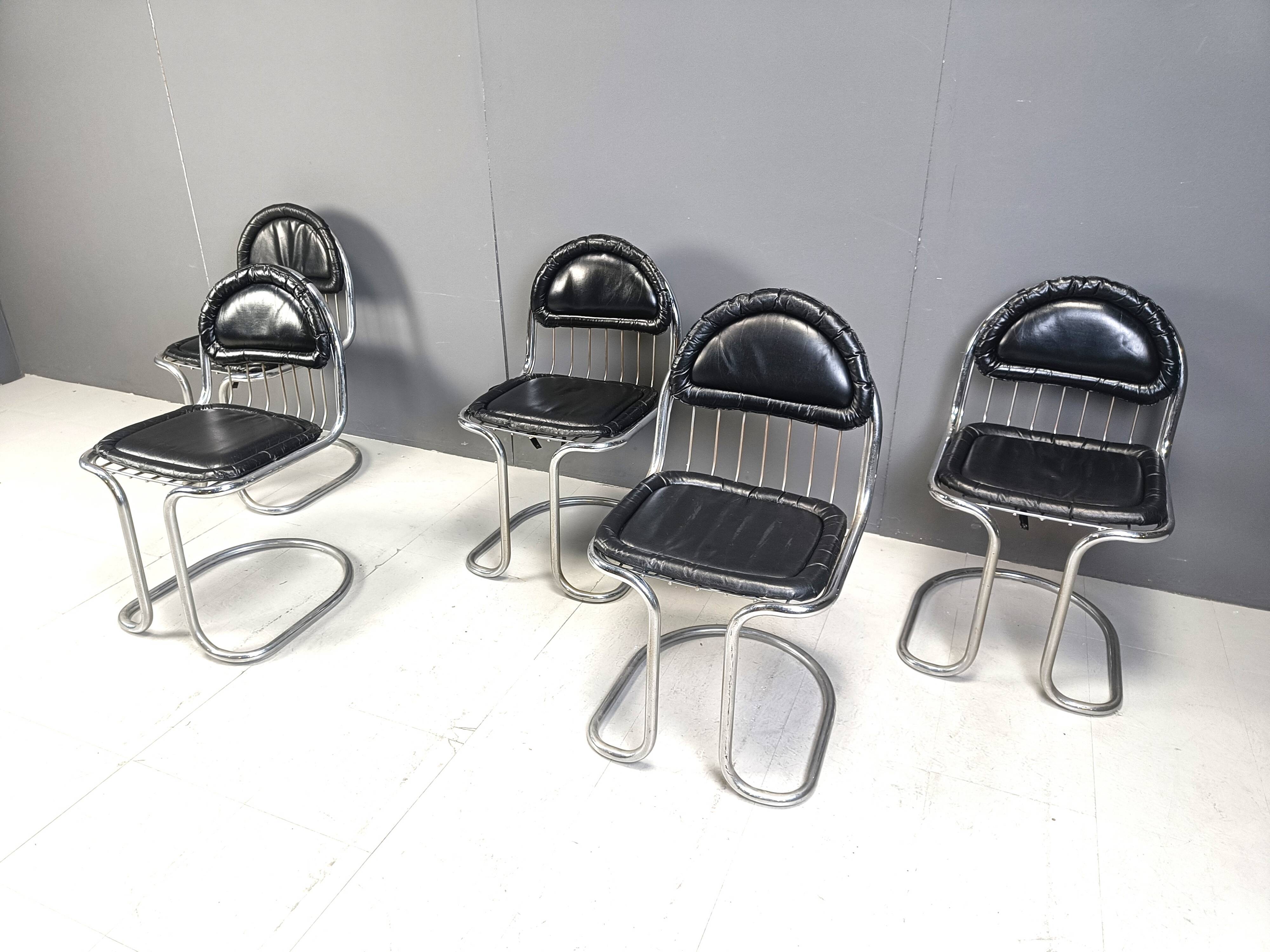Vintage Chrome and Leather Cantilever Dining Chairs, 1970s