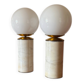 Hollywood regency set of 2 Carrara marble table lamps, Lucirhytmo Italy 70s