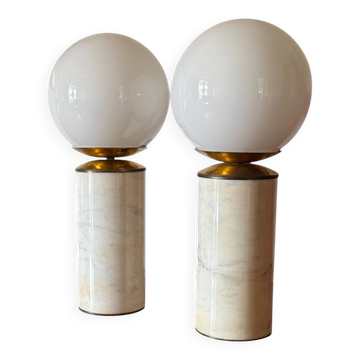 2 lampes de table en marbre de Carrare de style Hollywood Regency, Lucirhytmo Italie années 70