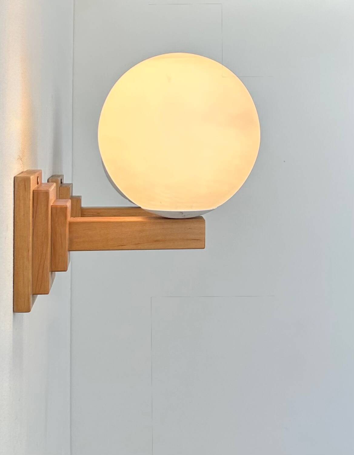 Pair of vintage wall lights, oak and opaline, France 1960